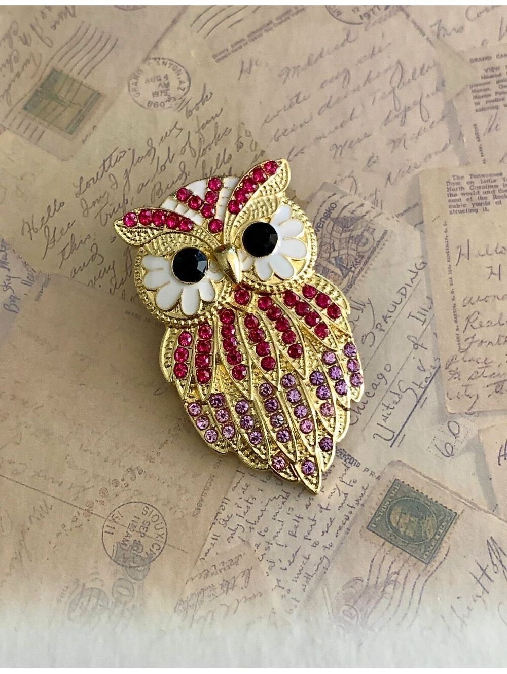 Charming Owl Brooch with Pink and Purple Rhinestones Sparkle